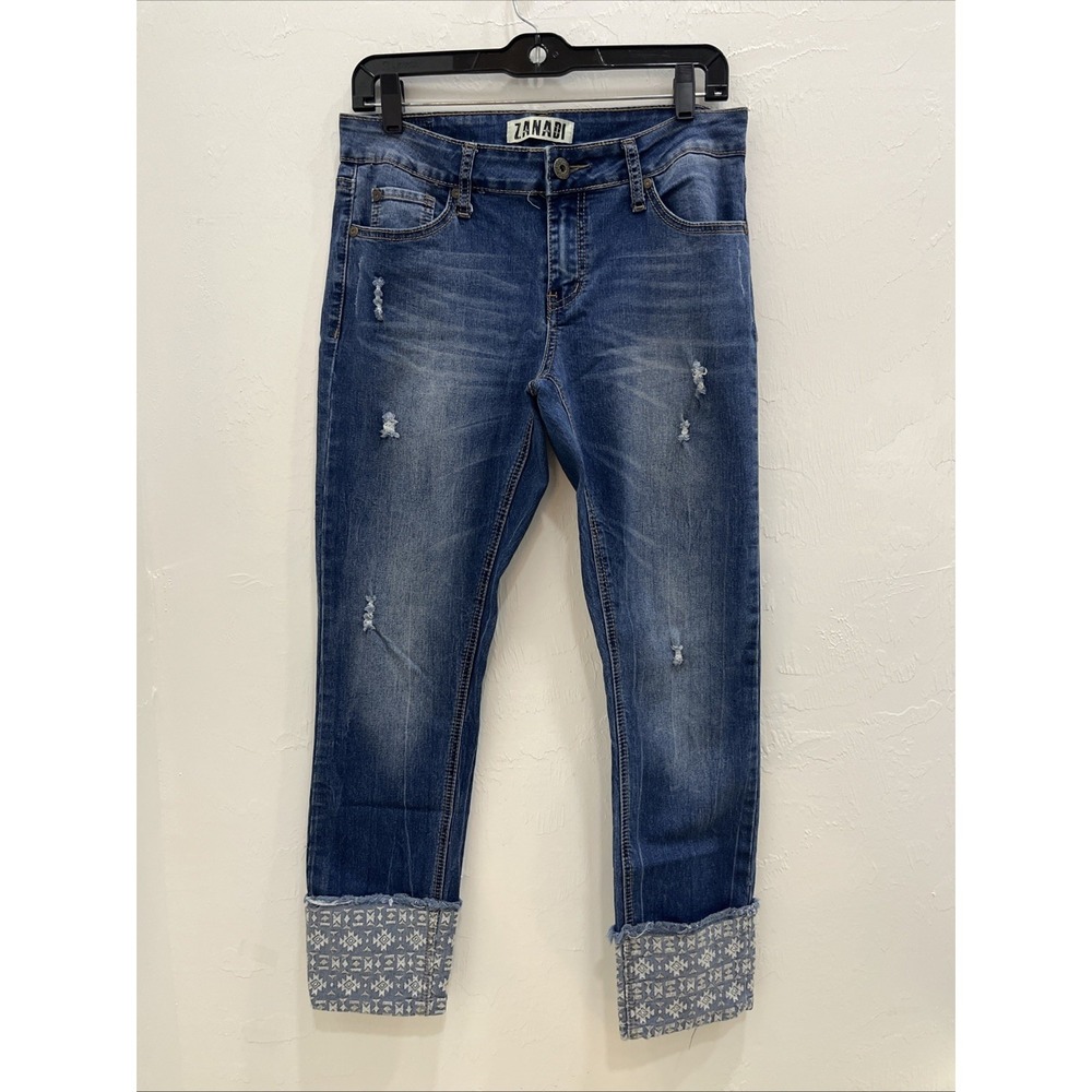 Zanadi Skinny Jeans‎ Women Size 6 Blue Good Distressed Embroidered Cuff Denim